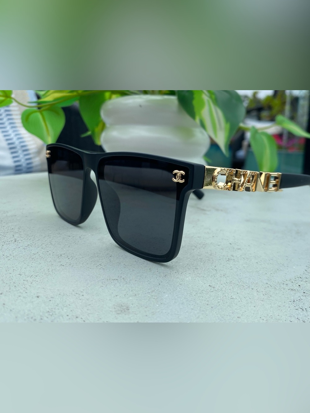 CHANEL Black Square Men's Sunglasses with Gold Chain Temples